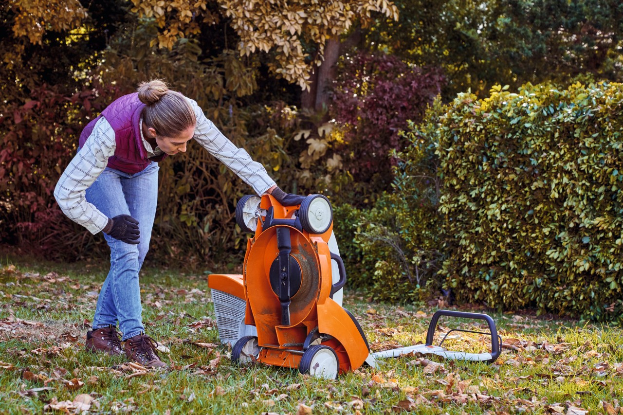 Egy nő ellenőrzi a STIHL RMA 339 C akkumulátoros fűnyíró alját egy kertben az őszi gyepápolás közben 
