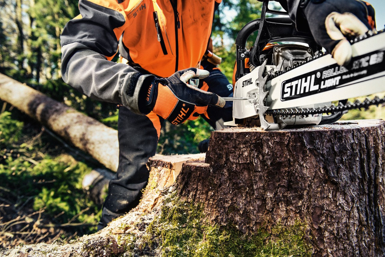 STIHL MS 461 benzines motorfűrész egy fatörzsön, mögötte egy férfi védőruházatban