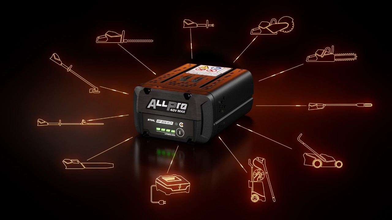Bateria STIHL ALLPRO AP 300.0 P C, înconjurată de mai multe pictograme ale categoriilor de produse compatibile