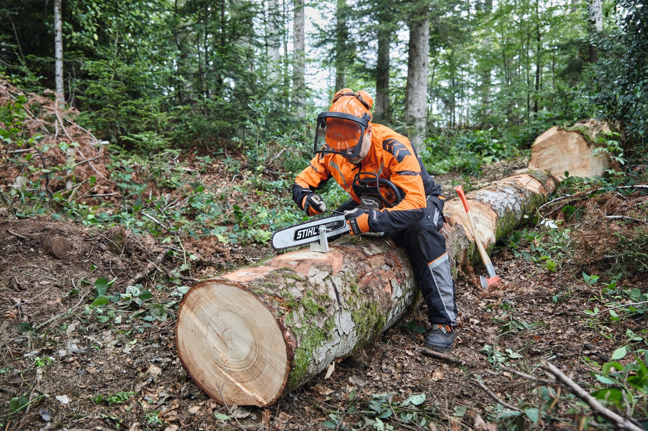 Egy védőfelszerelést viselő férfi egy tömör vezetőlemezzel rendelkező STIHL láncfűrésszel egy már kivágott fát darabol