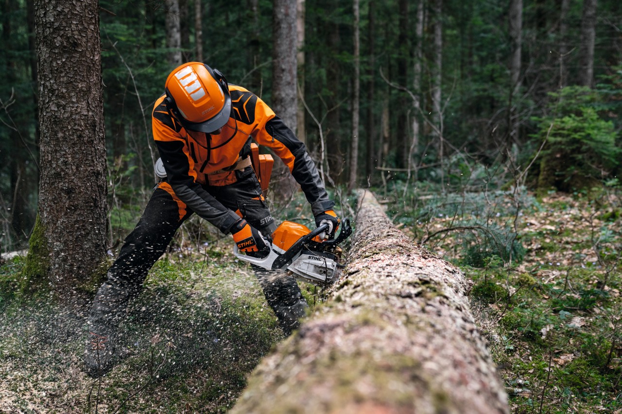 Védőfelszerelésben lévő férfi fűrészeli a kivágott fatörzset egy STIHL MS 400 C-M benzines, magnéziumdugattyús motorfűrésszel